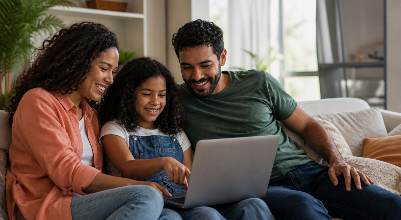Família reunida usando um notebook em casa